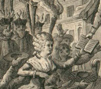 Olympe de Gouges remettant sa Déclaration des droits de la femme et de la citoyenne à Marie-Antoinette, estampe, 1790<br>============================