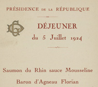 Menu du déjeuner servi à Gaston Doumergue le 5 juillet 1924 au Palais de l'Elysée<br>============================