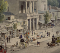 Vue du boulevard Montmartre en 1830, plume, encre de Chine et aquarelle.<br>============================